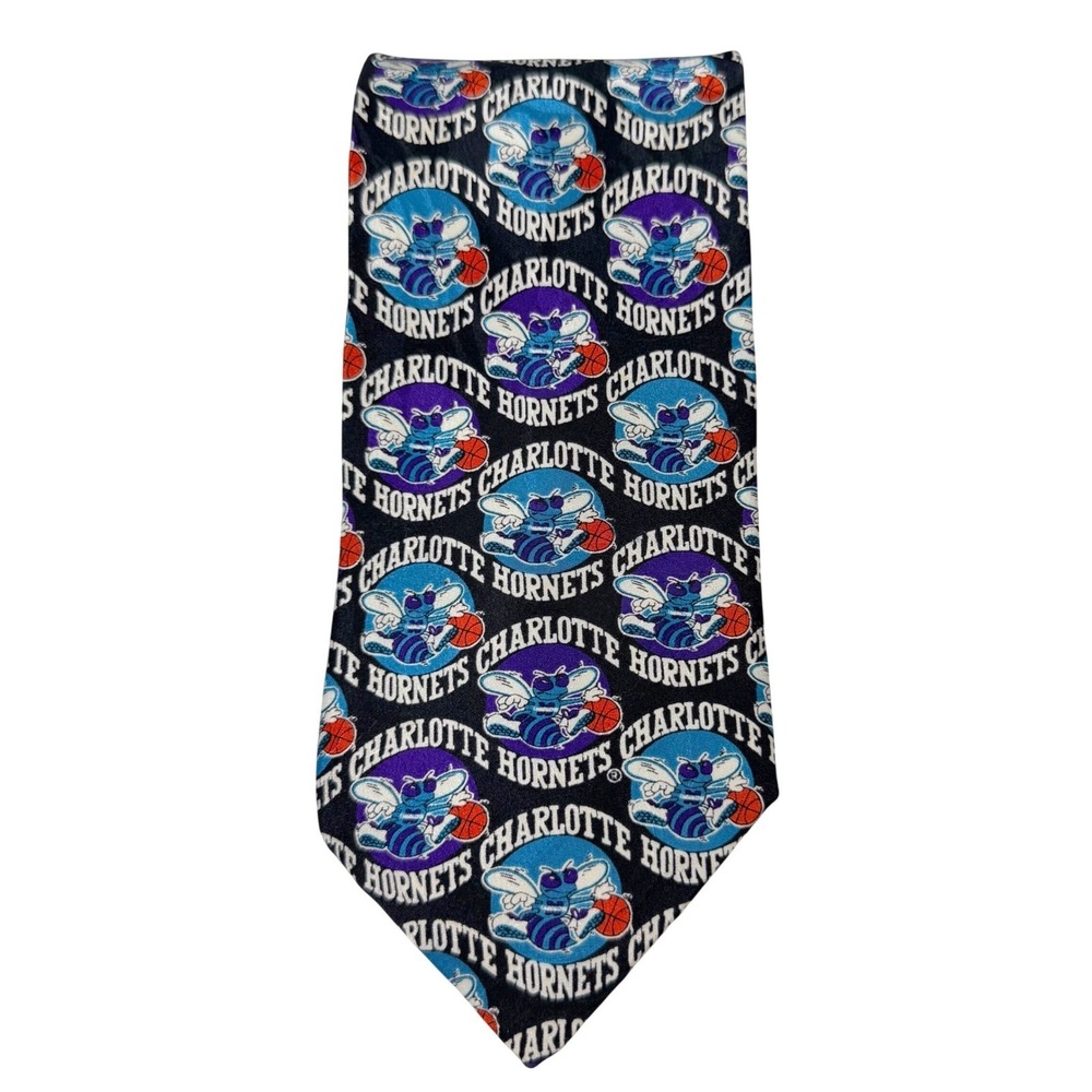 NBA Charlotte Hornets Necktie Mens OS Black Vintage 90s Silk Logo‎ Print Tie